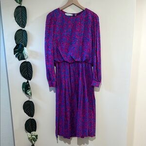 Vintage Lord & Taylor Silk Dress 8 Purple‎ Pink Floral Midi Long Sleeve
